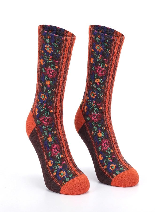 jecvxor 5 Pairs Women's Floral Design Vintage Crew Socks Ethnic Jacquard Knit Set, Red, Grey, Blue, White, Black - Image 4